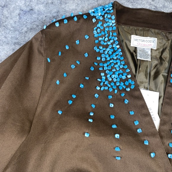 Victor Costa Blazer Women's‎ 1X brown with turquoise bead embellishments lined - Picture 5 of 12
